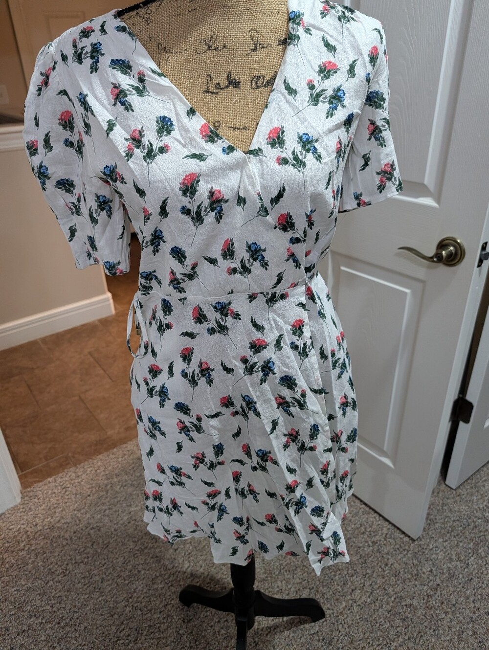 Olivaceous White Wrap Dress with Pink & Blue Floral Print